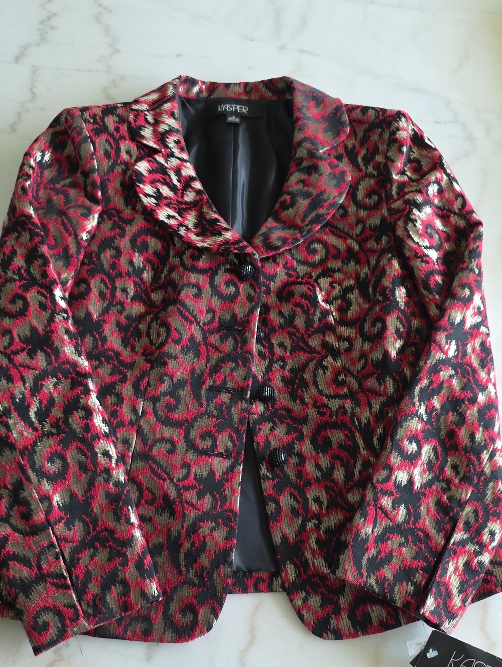 Kasper Red, Black & Gold Metallic Patterned Blazer